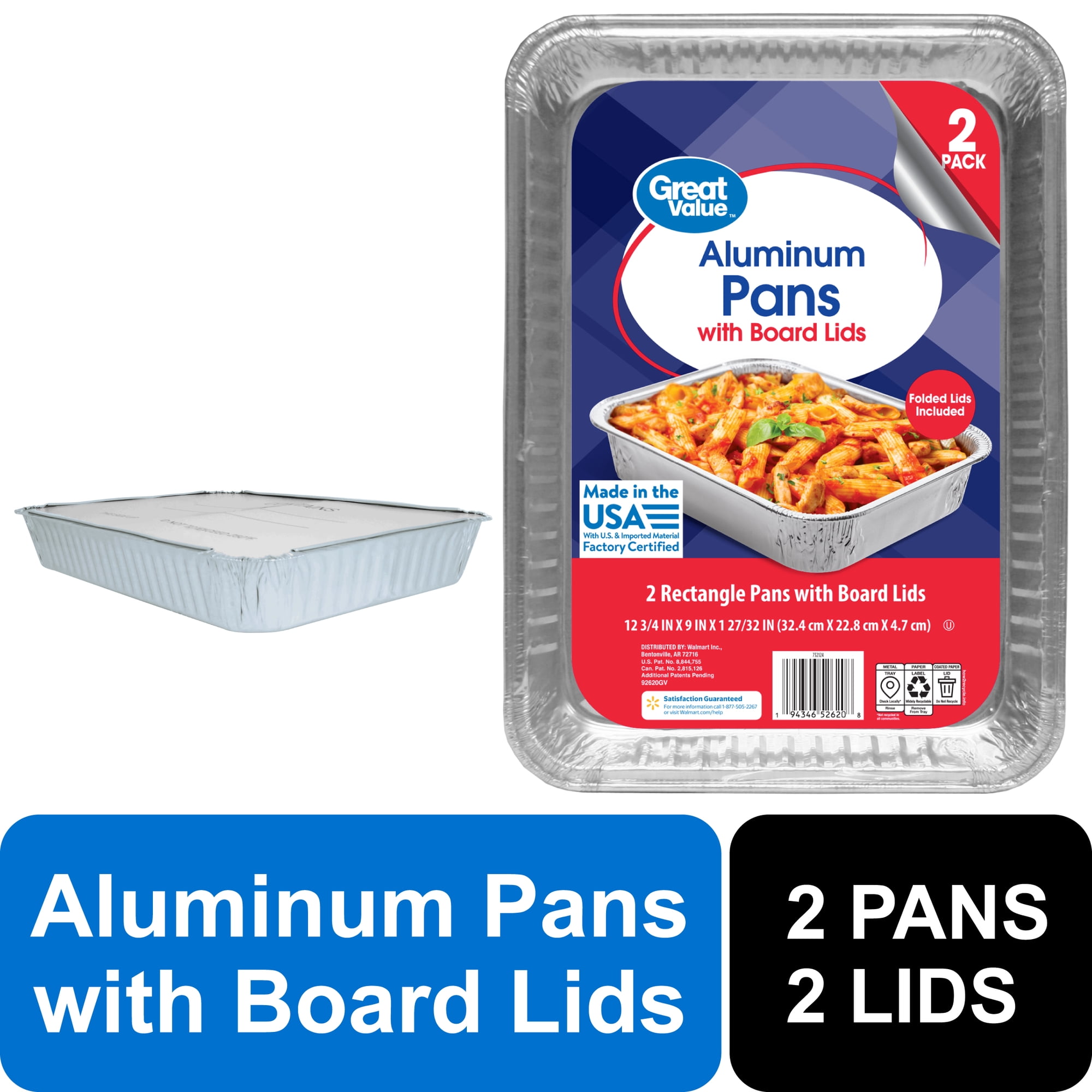 Great Value Aluminum Pans with Folded Board Lids, 13 in x 9 in, Disposable, 2 Pack