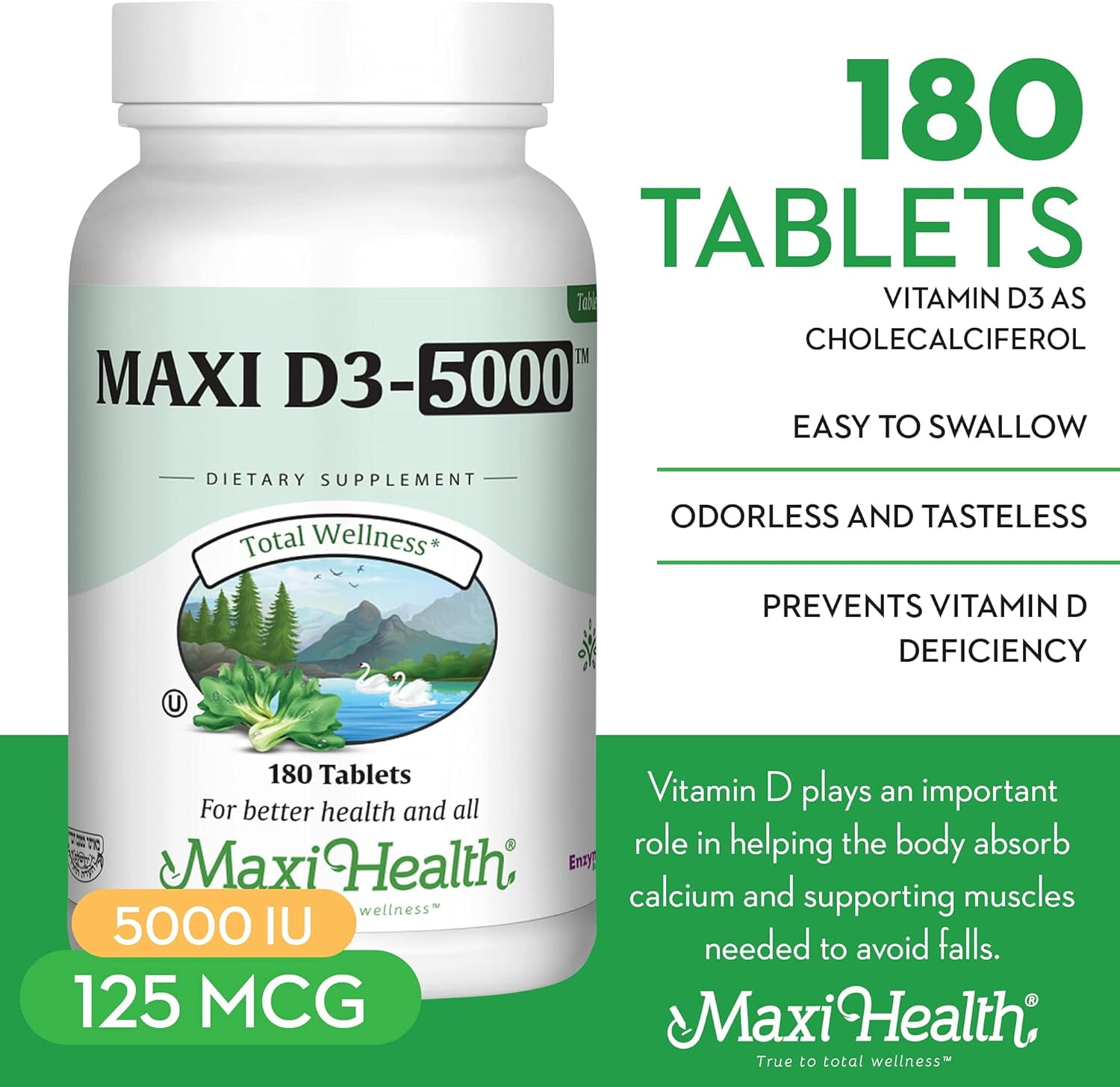 Maxi Health Vitamin D3 5000 IU (125 Mcg) – Bone & Immune Support – High Potency – 180 Tablets – Kosher