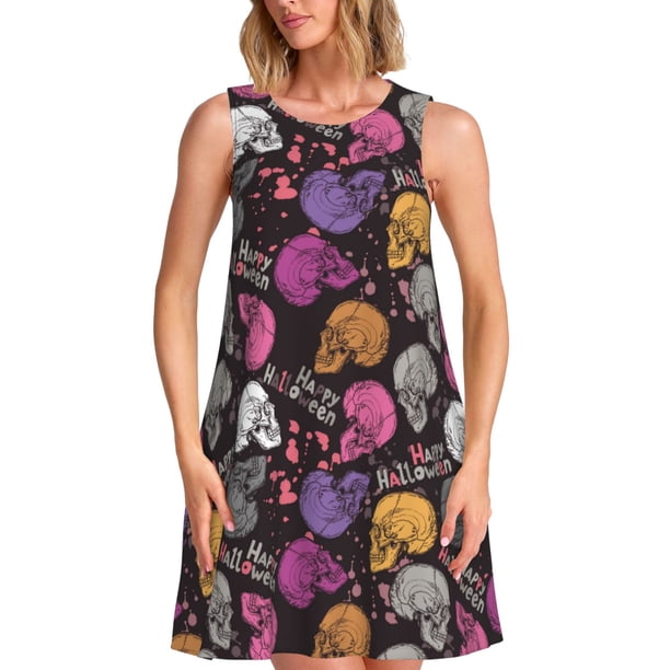 Balery Halloween Skeleton Vestidos de verano para mujer con estampado: vestido holgado sin mangas, vestido playero informal y cómodo para días calurosos.