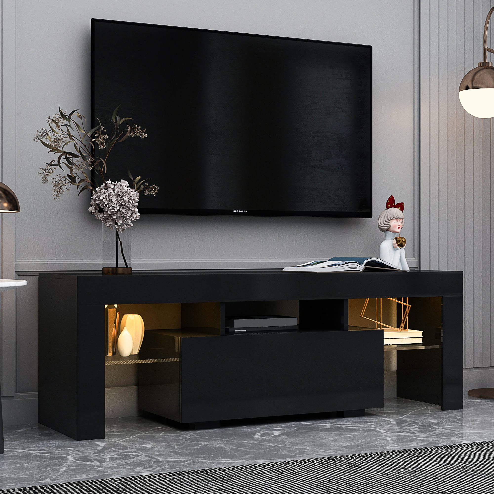 YWEN 51'' LED TV Stand, High Glossy Modern Entertainment Center with LED Lights and Storage for 40/43/50/55 Inch TV (Black, 51'' x 14'' x 18'')