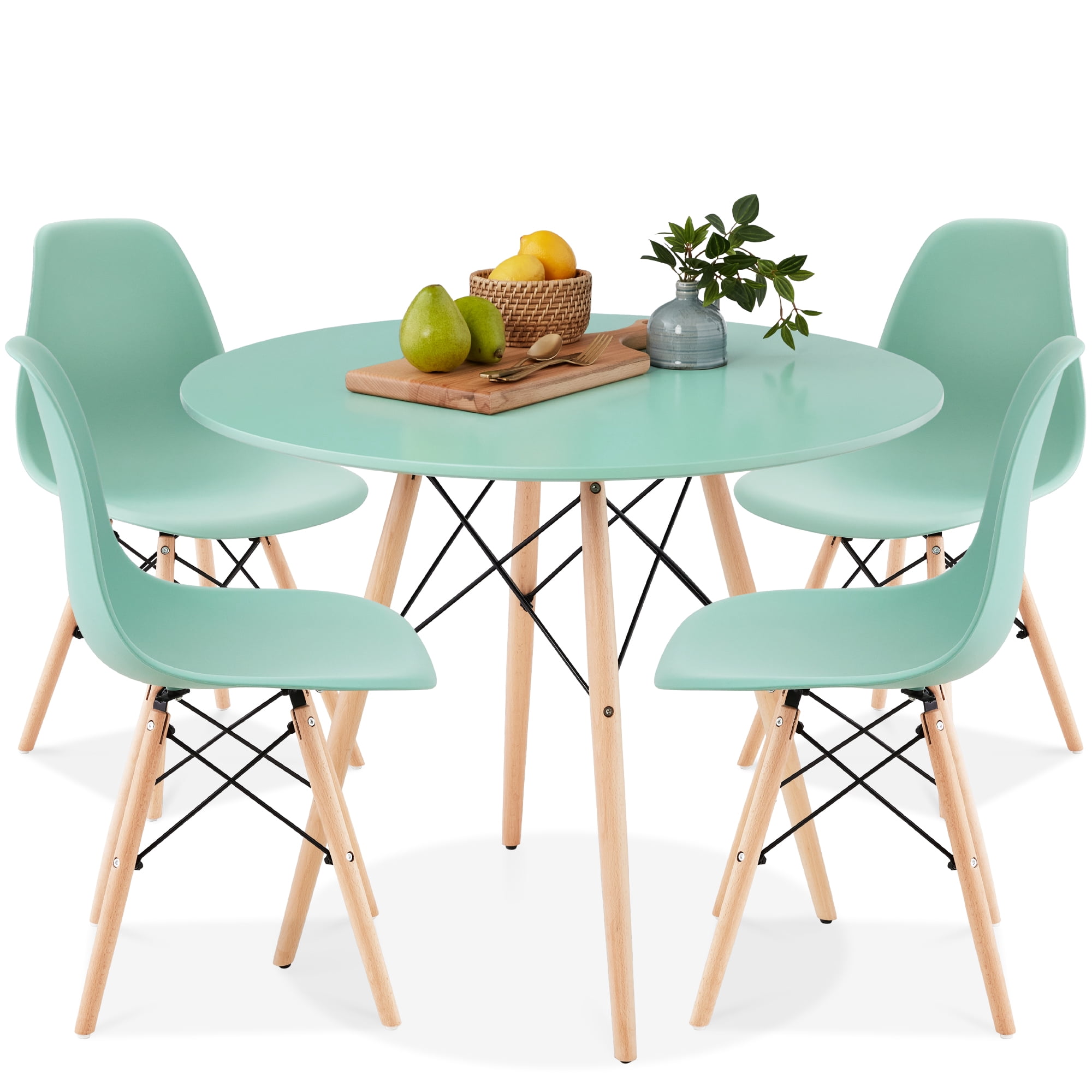 Best Choice Products 5-Piece Compact Mid-Century Modern Dining Set w/ 4 Chairs, Wooden Legs - Light Green/Oak