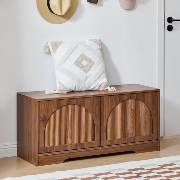 MIYZEAL 39.4" Walnut Shoe Storage Bench, Modern Entryway Bench with Double Arched Doors & Adjustable Shelves, Spacious Wooden Storage Cabinet for Living Room, Bedroom, Hallway