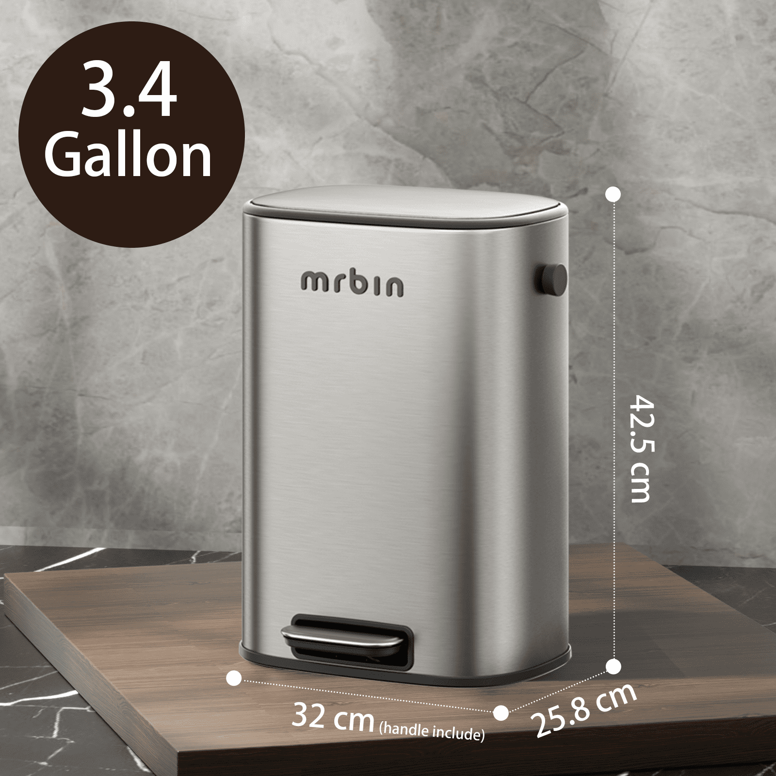 MRBIN Stainless Steel Bathroom Trash Can with Lid, 12L / 3.2gal Step Metal Toilet Waste Basket Soft Close, Small Foot Pedal Garbage Bucket Eclipse-Grey for Bedroom, Restroom, Kitchen, Rv