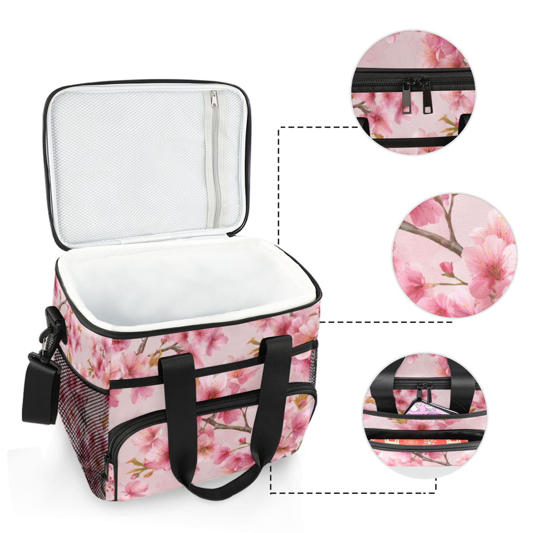 Cute Cherry Blossom Spring Portable Cooler Lunch Box Reusable Insulated Lunch Bag Leakproof 15L