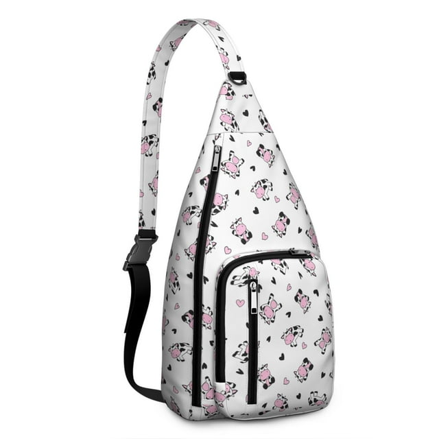 Rustic Cow Print Sling Backpack - Fashionable Black & White Cattle Design Crossbody Bag, Compact Travel Pack for Students & Photographers