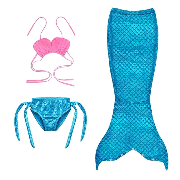 Tiweut Girls Bathing Suit 3Pcs Sequin Top, Bikini Bottoms Fish Tail Swimsuit Kids Beach Pool Swimwear,Blue