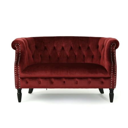 - Melaina Tufted Chesterfield Velvet Loveseat with Scrolled Arms, Garnet and Dark Brown