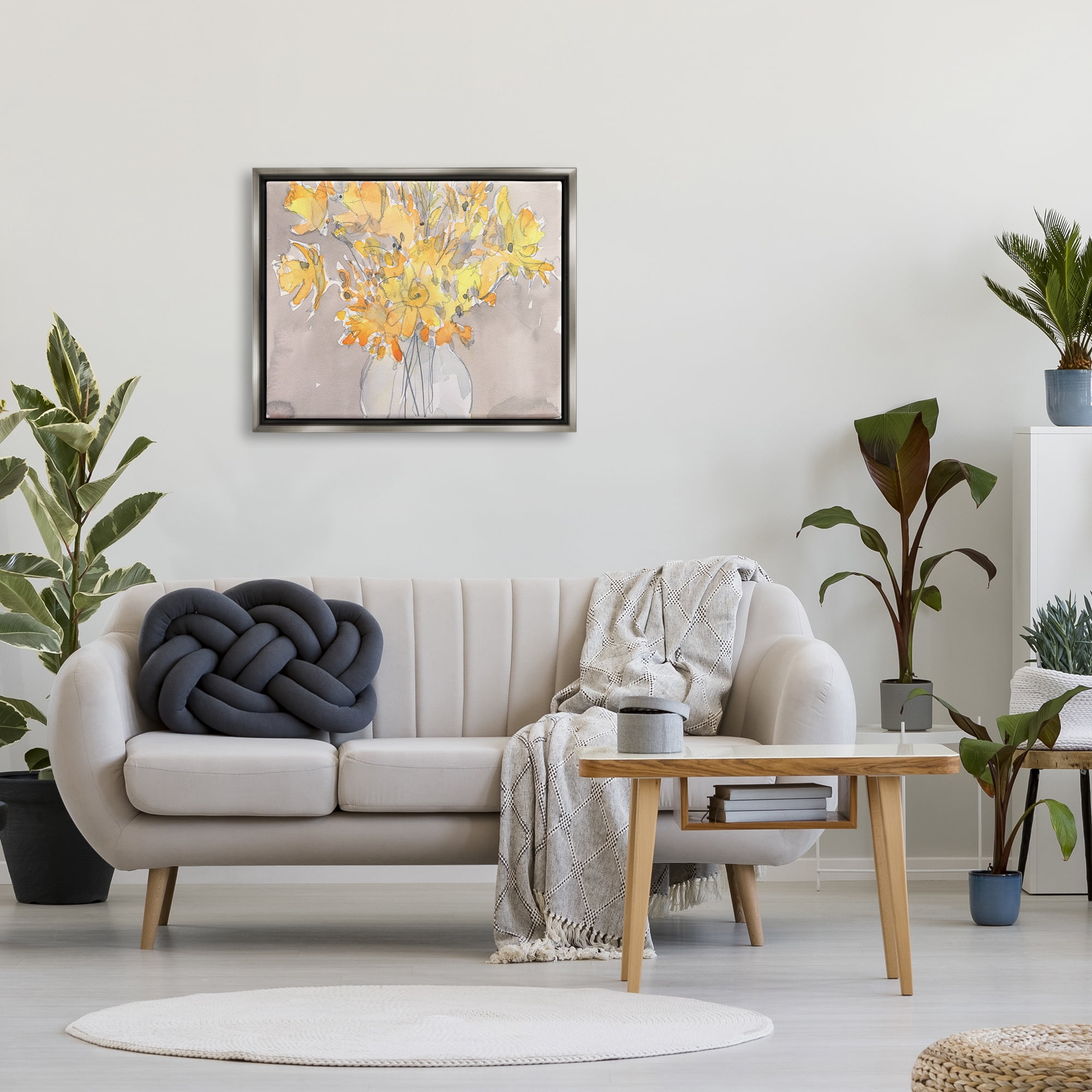 Stupell Yellow Scribble Style Bouquet Botanical & Floral Painting Gray Floater Framed Art Print Wall Art