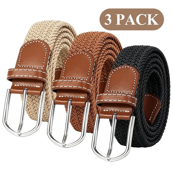 Yalumo 3 Pack Stretch Belts for Men, Mens Woven Leather Belt, Elastic Braided Casual Golf Jeans Belts, Adjustable 1 3/8" Web Belts