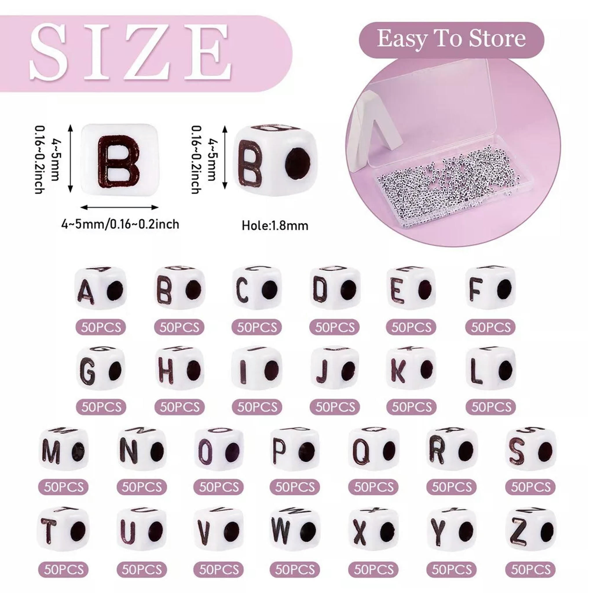U8MO 1300Pcs Letter A~Z Cube with Black Alphabet White Opaque Acrylic Beads 4~5mm
