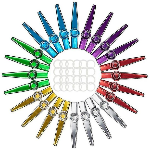 Paquete de 24 kazoos de metal con 24 diafragmas de flauta kazoo de 6 colores, ideal para ukelele, violín y guitarra