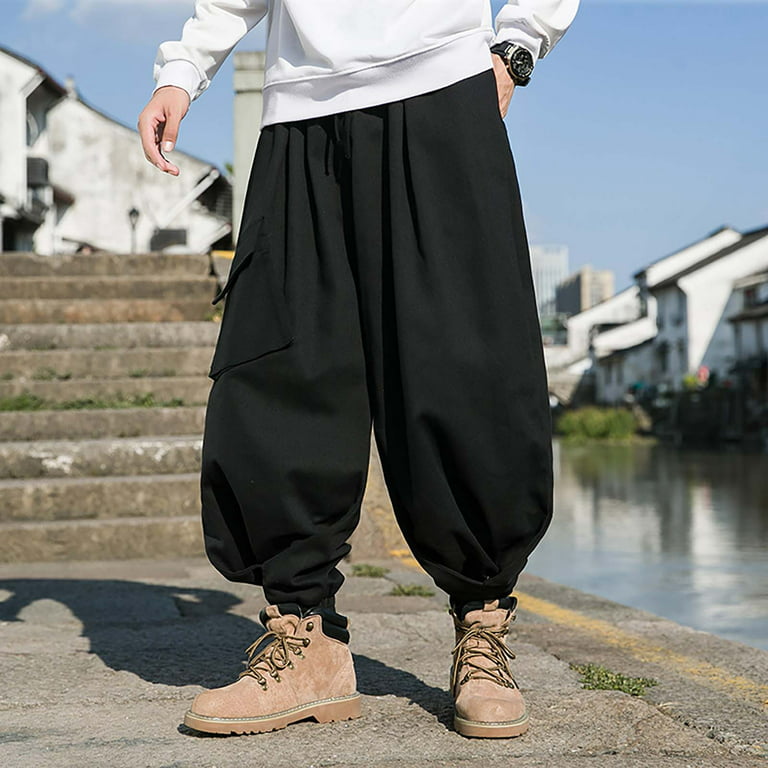 B91xZ Men's Dress Pants American Retro Hop Large Pockets Design Sense Wide  Leg Work Punch Pants Fashion Wind Pants Black,Size M