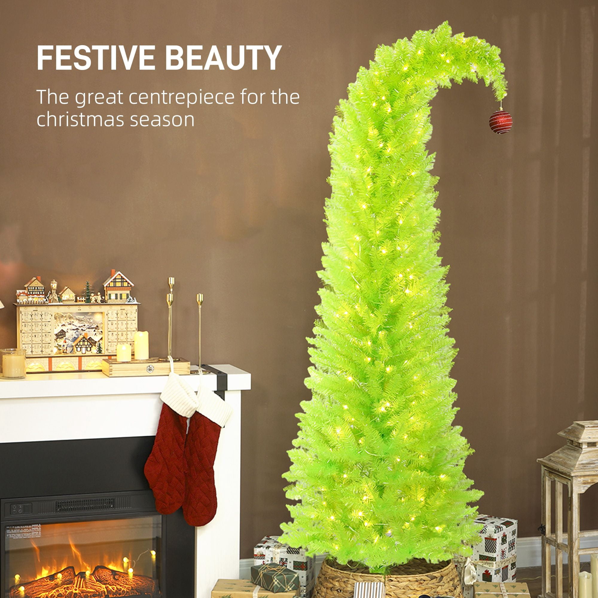 7 ft Prelit Pencil Christmas Tree with 250 Warm White LED Lights, 628 Tips, Bent Top with Red Ball, Slim Artificial Xmas Tree for Small Spaces and Apartments