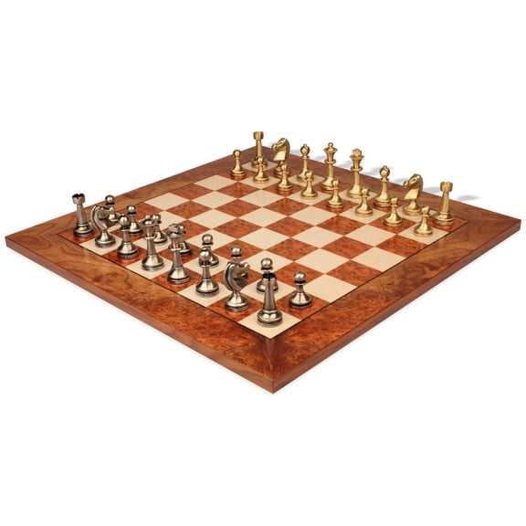 Traditional Staunton Solid Brass Chess Set with Elm Burl Chess Board