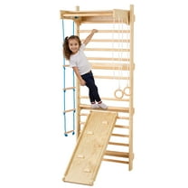 VEVOR Swedish Ladder Wall Gym, 5 in 1 Wooden Indoor Playground Climbing Toys, 220 lbs Load Capacity Swedish Wall Ladder with Pull-Up Bar, Gymnastic Rings, Wall Ladder, Rope Ladder, and Slide Board
