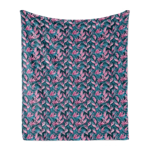 Exotic Soft Flannel Fleece Blanket, Aloha Bird of Paradise Blooms Tropical Leaves Flourishing Jungle Graphic, Cozy Plush for Indoor and Outdoor Use, 70" x 90", Pink and Petrol Blue, by Ambesonne