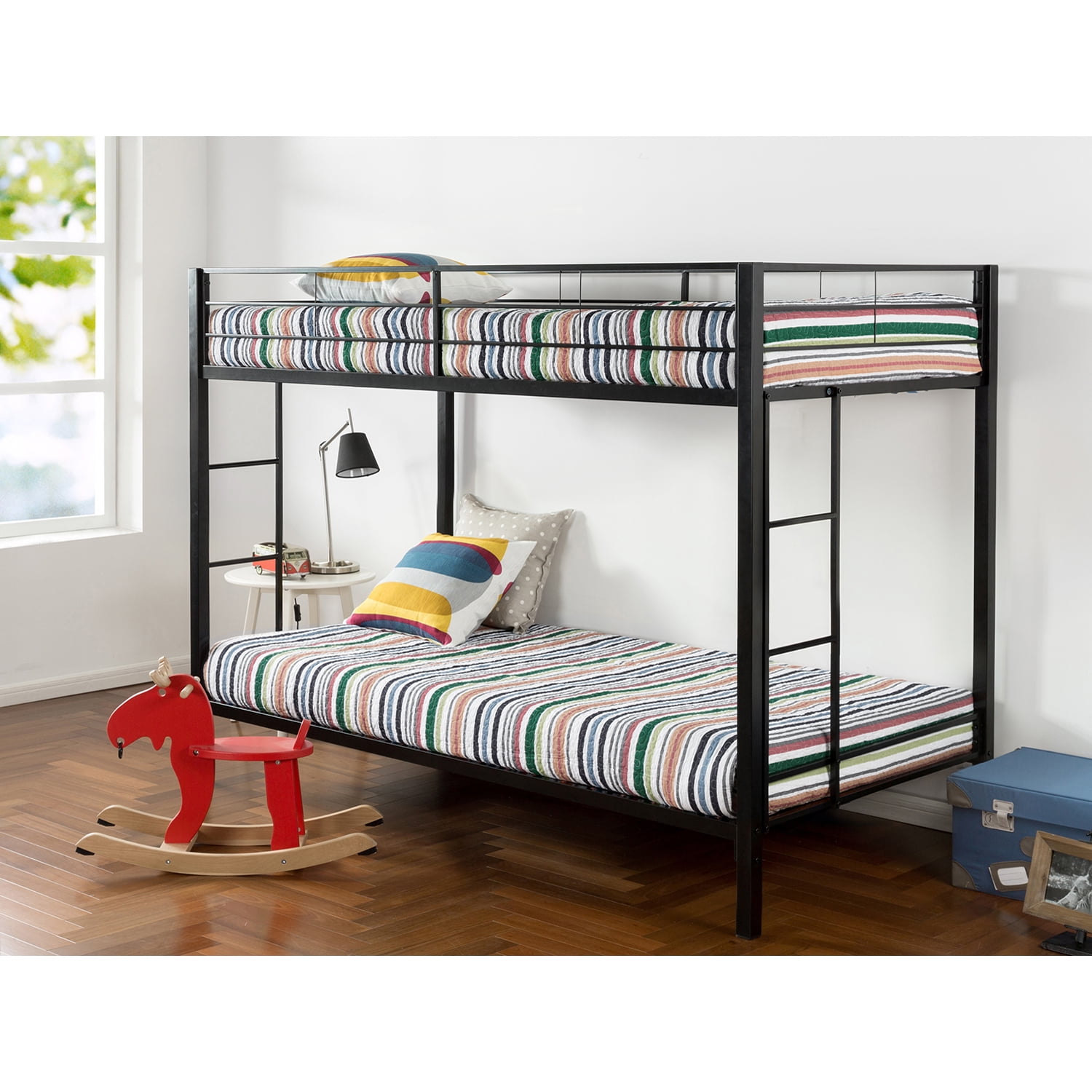 Blue Zinus Easy Assembly Quick Lock Metal Bunk Bed Dual Ladders Twin Over Twin