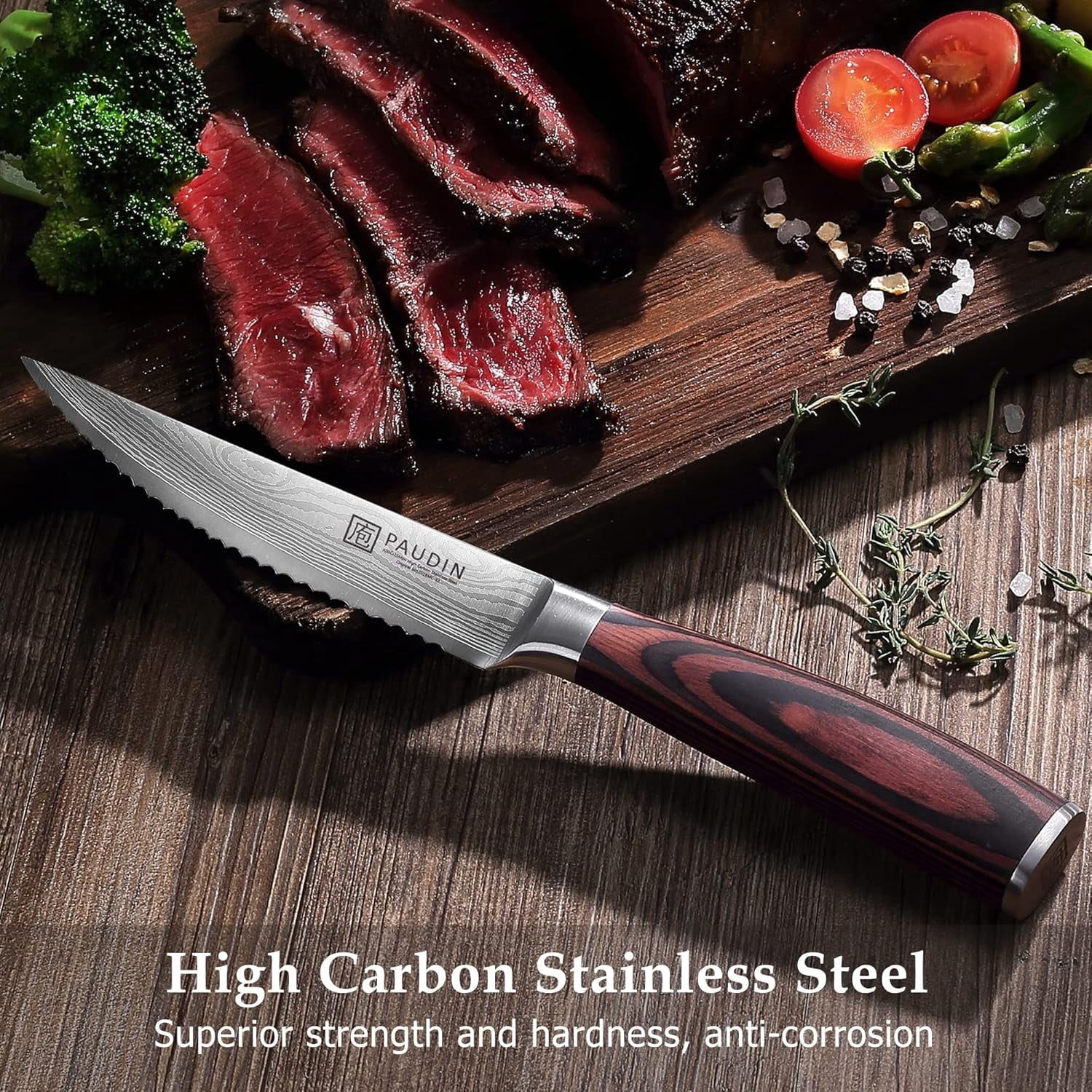 PAUDIN Steak Knives Set of 6, Kitchen Steak Knife 4.5 Inch, High Carbon Stainless Steel Steak Knives, Serrated Steak Knife with Pakkawood Handle, Dinner Knives with Gift Box