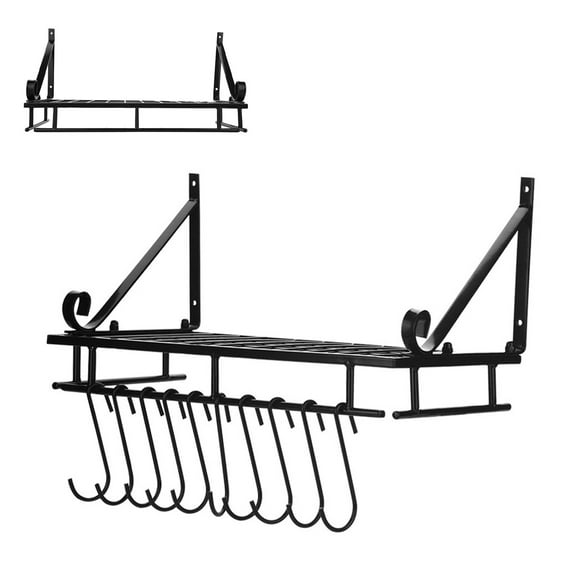 Metal Hanging Pan Pot Rack Wall Mounted with 10 Hook Holders Kitchen Storage Organizer (45cm)
