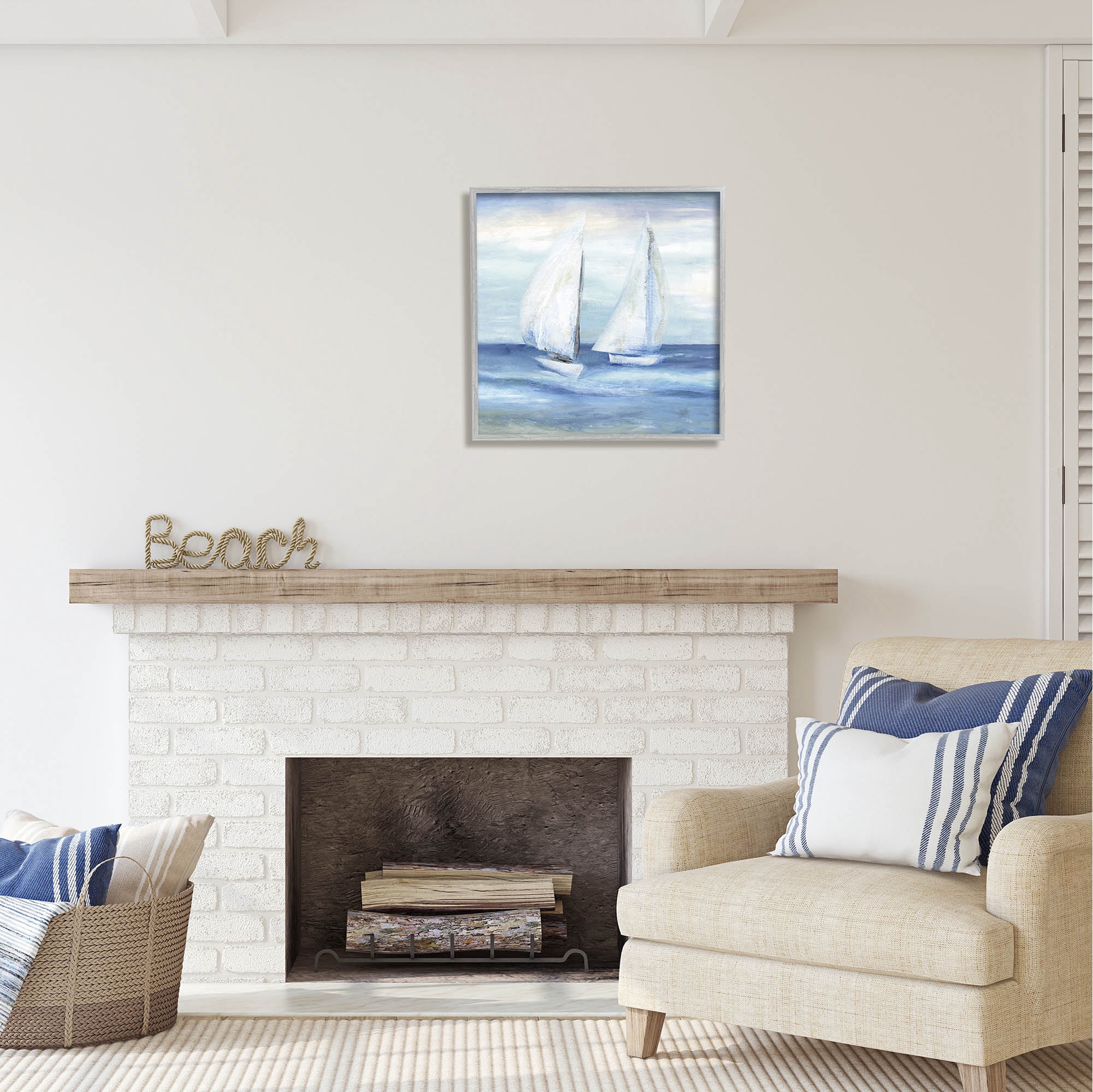 Stupell Industries Two Sailboats Abstract Blue Scene Coastal Painting Gray Framed Art Print Wall Art