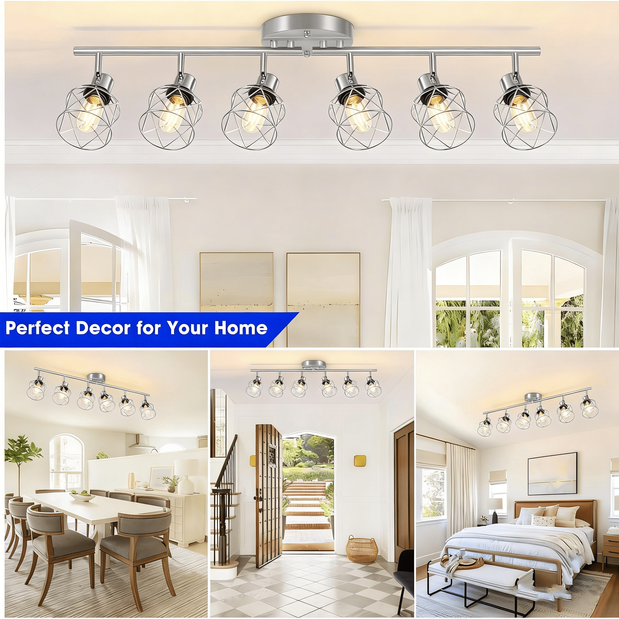 Adjustable Multi-Directional Brushed Nickel Light Fixtures, Semi Flush Mount Ceiling Light, Kitchen Light Fixtures Ceiling Mount, Geometric Metal Cage Industrial Spotlight Fixtures