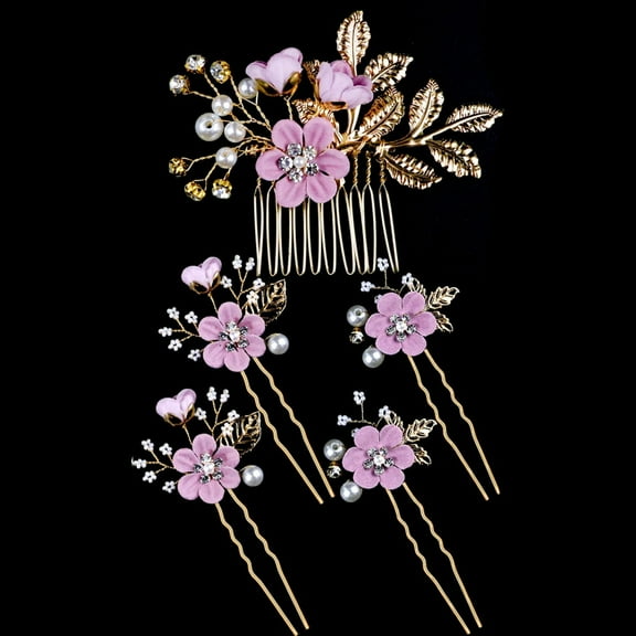 5 PCS Bridal Flower Wedding Hair Pins Crystal Pearl Hair Clips Headpiece, Purple