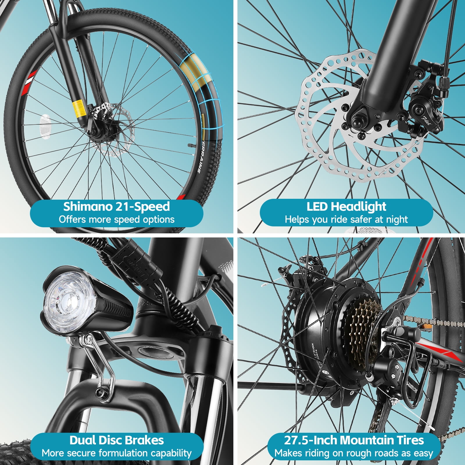 Elifine Electric Bike, 27.5" Ebike for Adults 500W Adult E-bicycles Electric Mountain Bike, 48V 10.4Ah Battery, Mountain E Bike, Lockable Suspension Fork Ebike for Mountain Beach Snow, UL2849