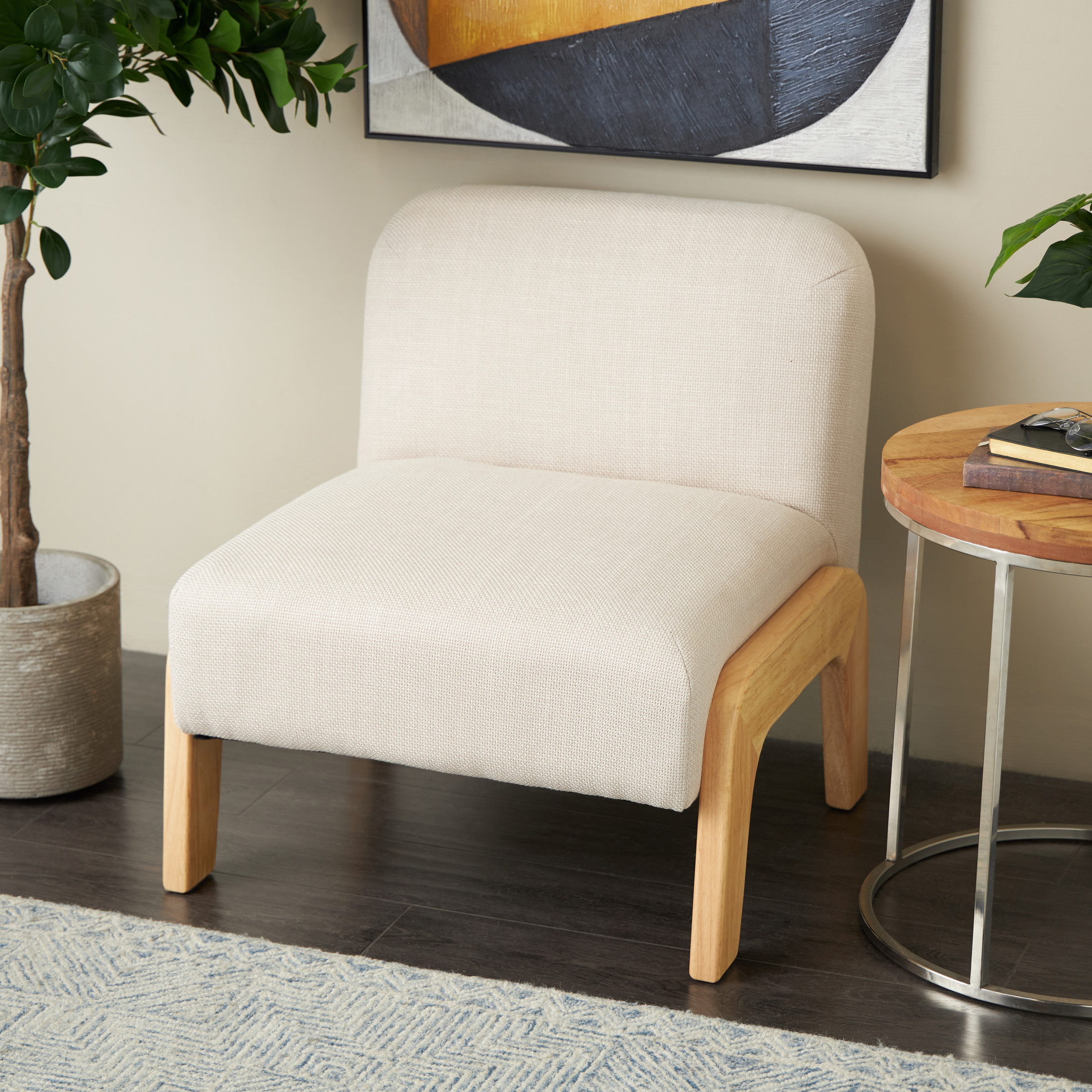 DecMode Polyester Square Boucle Lounge Chair with Brown Wooden Legs, Beige