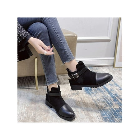 

Difumos Ladies Comfort Chunky Ankle Boots Round Toe Outdoor Winter Shoes Dress Side Zip Booties Black 4.5