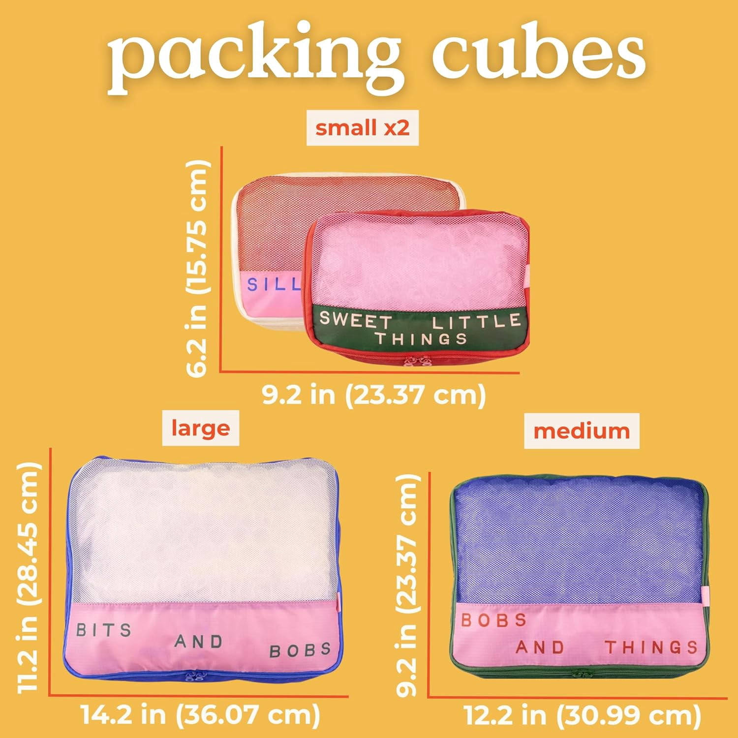 4-Piece Packing Cube Set – Polyester & Mesh Foldable Luggage Organizers – 1 Large (14.2"x11.2"x4") + 1 Medium (12.2"x9.2"x3.5") + 2 Small (9.2"x6.2"x3") – Bits and Bobs