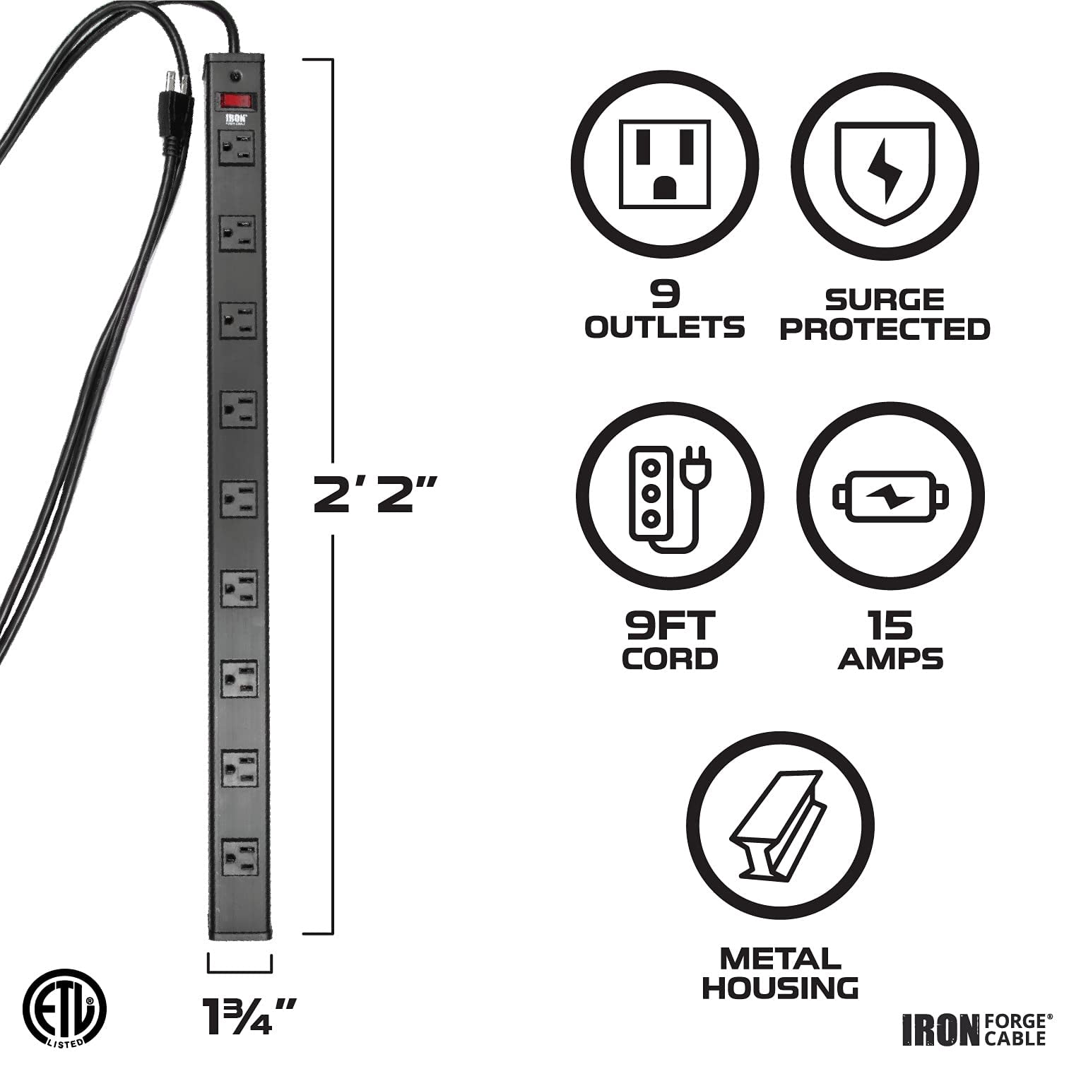 Iron Forge Cable 9 Outlet Heavy Duty Surge Protector Power Strip with Built-in Circuit Breaker, 14/3 SJT Black & Yellow with 9 ft Extension Cord
