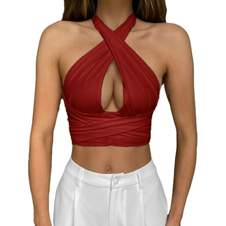

Summer NEW Women s Fashion Yoga Front Hollow Out Vest Bra Halter Sleeveless Crop Tops Solid Color Folds Slim Fit Top Plus Size S-5XL