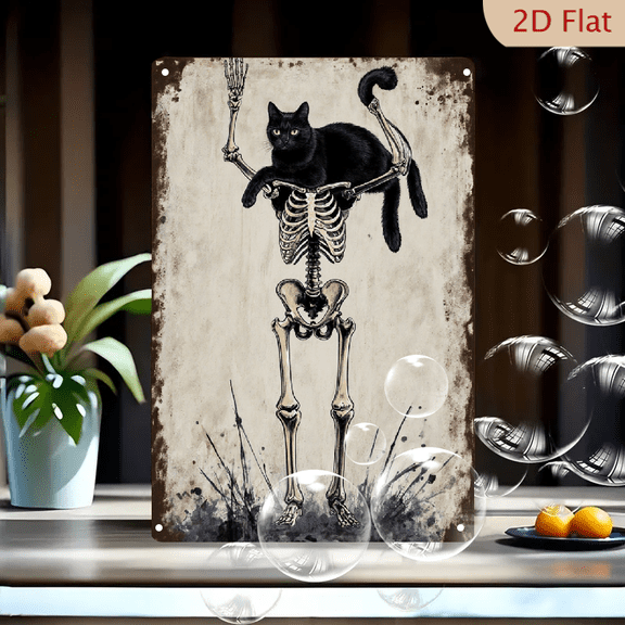 Gothic Skeleton with Black Cat 8x12 Inch Metal Wall Art, Macabre Home Decor with Abstract Grass Splatters, Eerie Yet Whimsical Vintage Style Print for Halloween or Dark Aesthetic Rooms