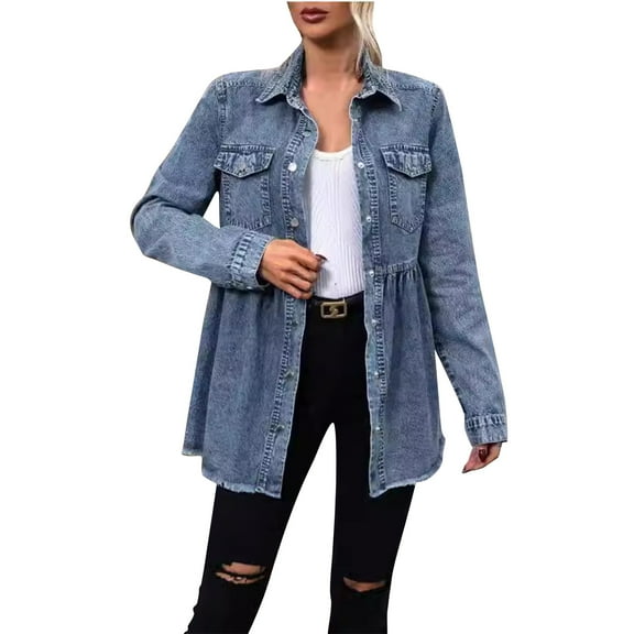 GigrtiJin Womens Denim Jacket Long Sleeved Lapel Button down Pleated Jackets Casual Fashion Coats with Pockets