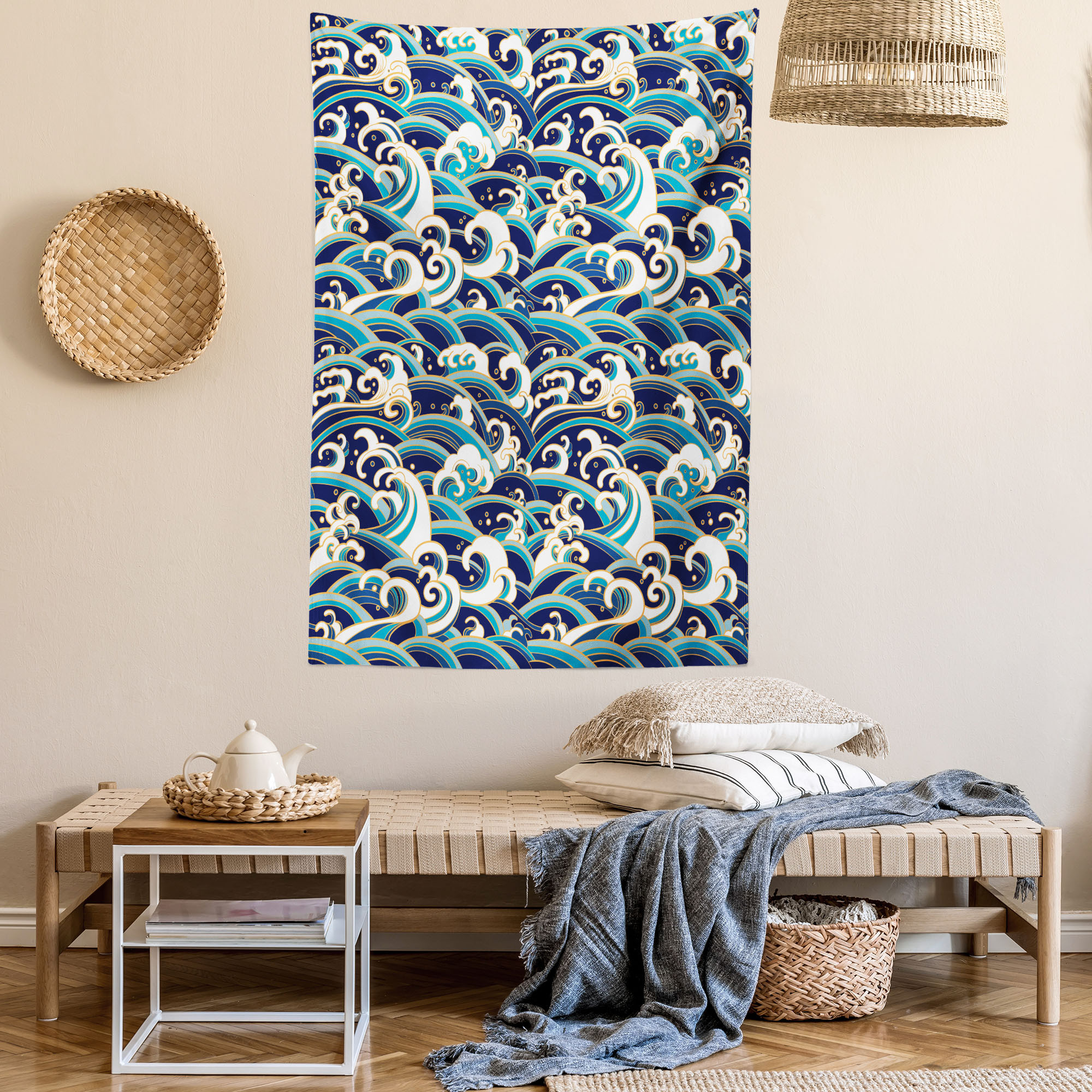 Nautical Tapestry, Traditional Oriental Style Ocean Waves Pattern with Foam and Splashes Print, Wall Hanging for Bedroom Living Room Dorm Decor, 40W X 60L Inches, Blue and White, by Ambesonne - image 2 of 5