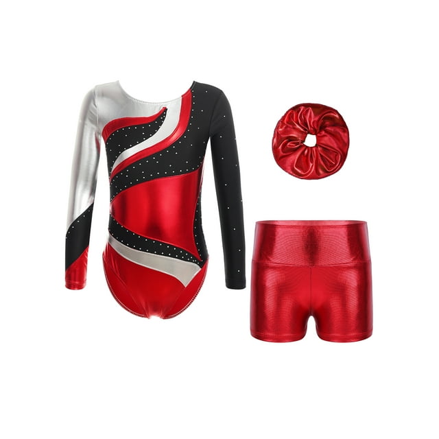 Xnihocha Gymnastics Leotards for Girls Sparkle Rhinestone Long Sleeve Biketard Dance Unitard with Shorts Hair Band Set Red 10