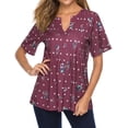 thumbnail image 3 of Xuanfei Women Floral Dots Print V Neck Short Sleeve Stripe Ruching Top, 3 of 7