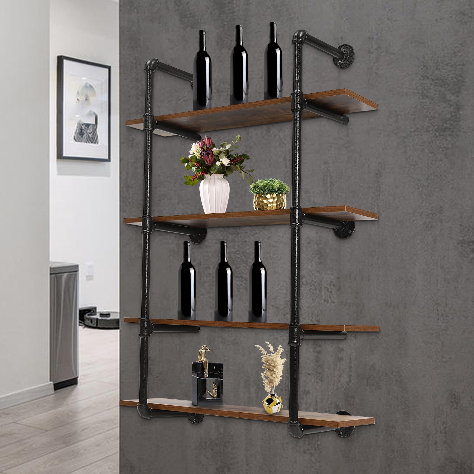 Industrial Pipe Shelving Wall Mounted 4 Tiers Metal Floating Shelves Home Office Real Wood Book Shelves