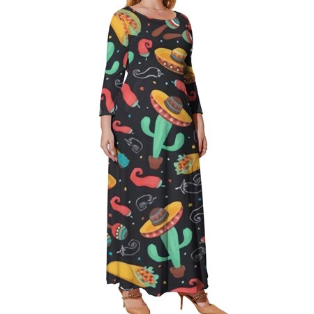 Myst Design Oversized Women's Long Sleeve Dresses, Viva Mexico Pattern Mexican Long Plus Size Dress, Loose Fit Casual Maxi Dresses with Pockets, XL