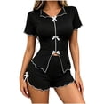 thumbnail image 3 of Tqcoqu Women's 2 Piece Pajama Set, Contrast Trim Bow Decor Short Sleeve Split Front Top & Elastic Waist Lettuce Trim Shorts, Soft Summer Loungewear Sleepwear Outfit Set,Black Women's S-XL, 3 of 6