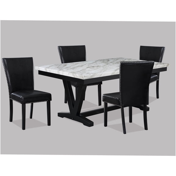 JERFIT 5-Piece Dining Table Set with White Faux Marble Top and Black Upholstered Chairs, Modern Kitchen & Dining Room Furniture