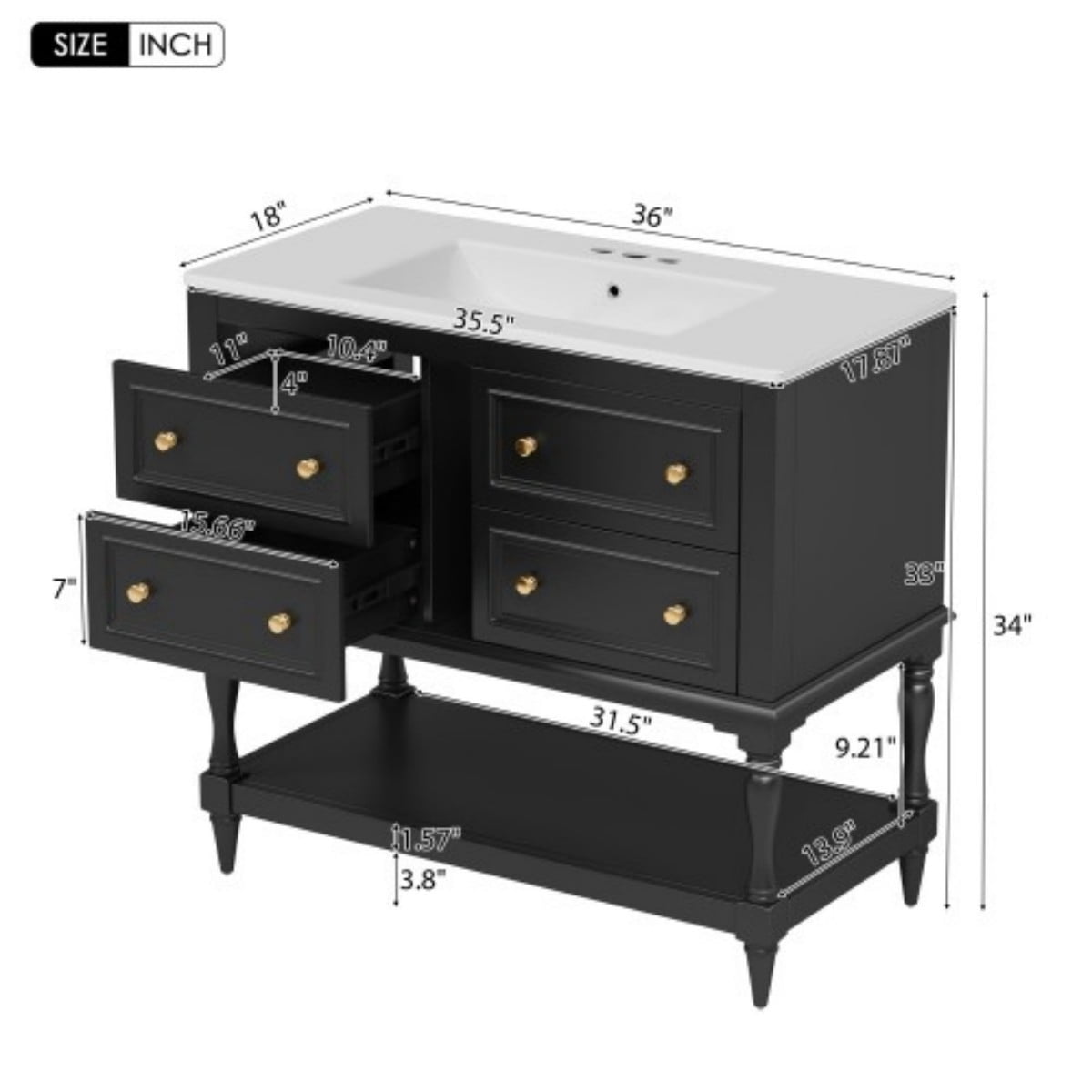 36" Bathroom Vanity with Sink, Freestanding Bathroom Vanity Cabinet with Undermount Ceramic Sink, Solid Wood Frame, 4 Drawers, Large Storage Shelf, Black