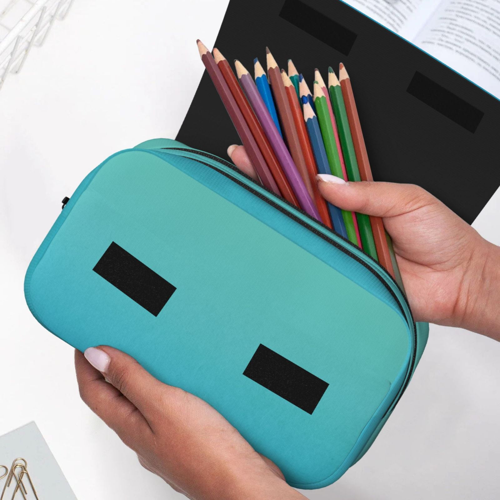 Rateoe Teal Turquoise Pattern Double Clamshell Pen Case, Storage Organizer with Two Zipper Compartments– Holds Up to 50 Pencils & Pens
