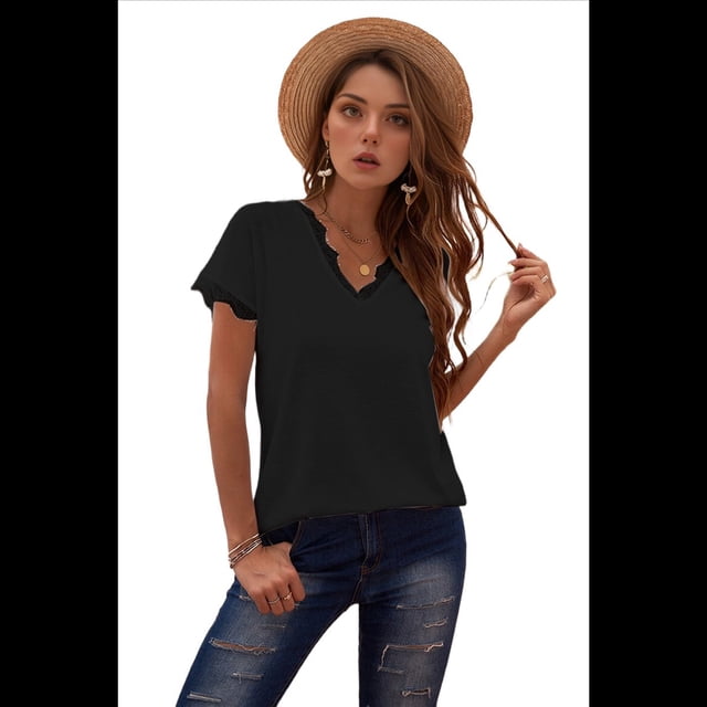 Camisetas Sin Mangas para Mujer, Blusa de Encaje de Corta con Cuello en V, Chaleco Informal, Camisola de Verano, Camisas Negras XXL