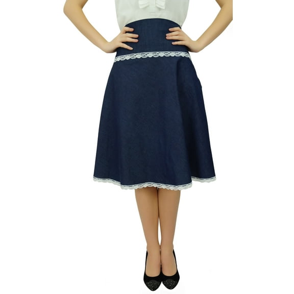Bimba Women Knee Length Denim Skirt With Lace Detail Casual Chic A-Line Skirts