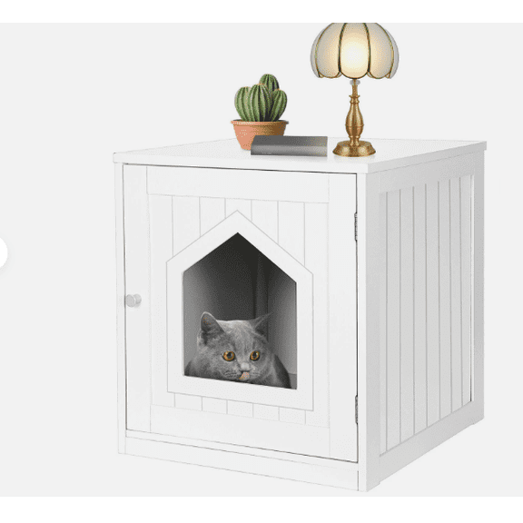 Favory Litter Box Enclosure Cat Litter Box Furniture Hidden Litter Box Furniture Indoor Box Cabinet Cat House Side Table Nightstand (White)