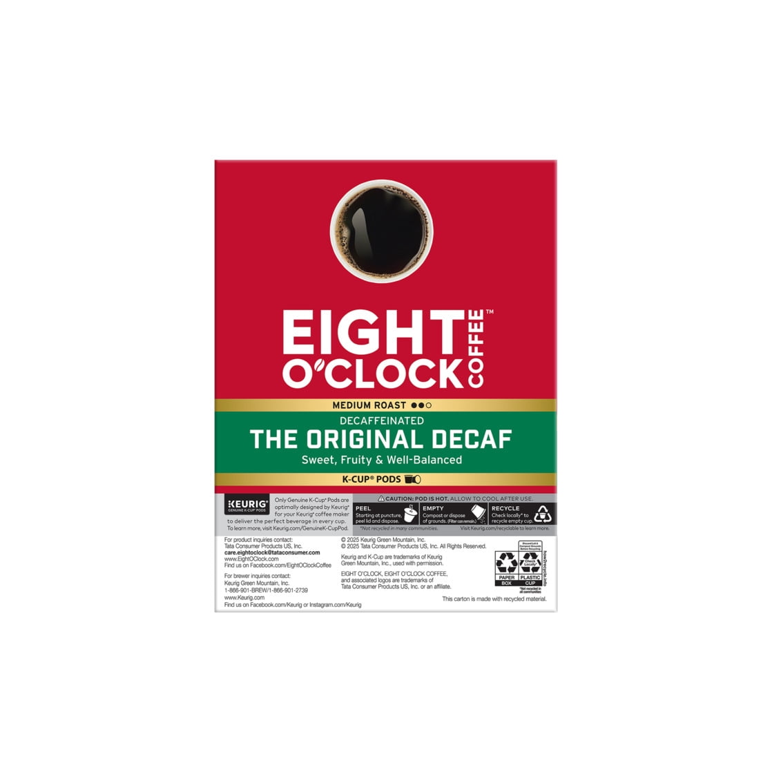 Eight O'Clock Original Decaf, Medium Roast Coffee, Keurig K-Cup Single Serve Coffee Pods, 22 Count