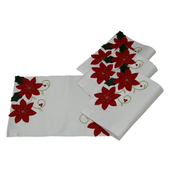 Holiday Christmas Decorative Red Poinsettias With Embroidered Design Runner