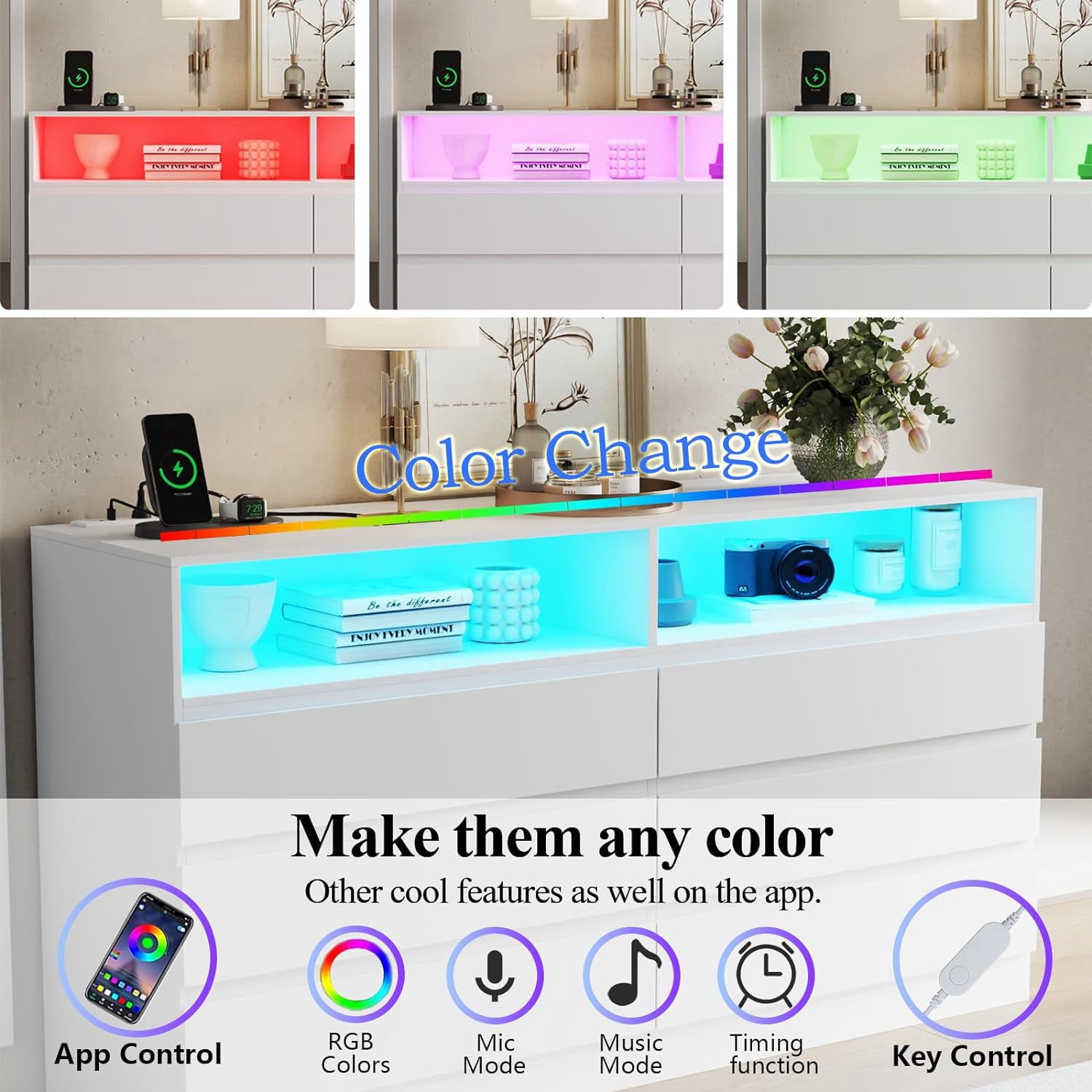 6 Drawer Dresser with Full Length Mirror 48"x16" ,Wide Chests of Drawers with LED Light,White Storage Dresser with Power Outlet,Modern Dressers for Bedroom, Living Room, Hallway(White)