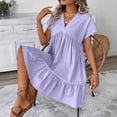 thumbnail image 4 of QUNYINEY Purple Womens Dresses Casual Cotton Linen Midi Short Sleeve Summer Sundress V Neck Vacation Loose Fit Ruffle Hem Dresses, 4 of 9